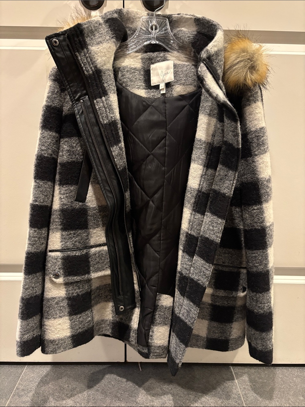 Joie Black & Gray Plaid Wool-Blend Hooded Pea Coat with Faux Fur Trim